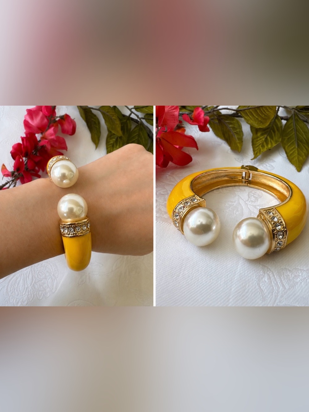 Sequin NYC Bangle Bracelet Yellow Goldtone Pearls Rhinestones Enamel Hinge NEW
